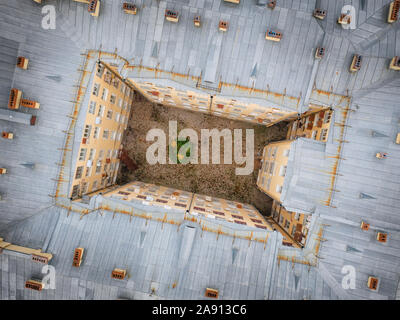 Roof and yard well in an old residential building. Top aerial view. Saint Petersburg, Russia Stock Photo