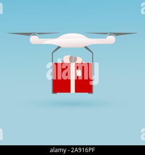 Drone with gift. Modern delivery of gifts for Christmas. Drone flying on a white background and bears a gift, the red box. Stock Vector