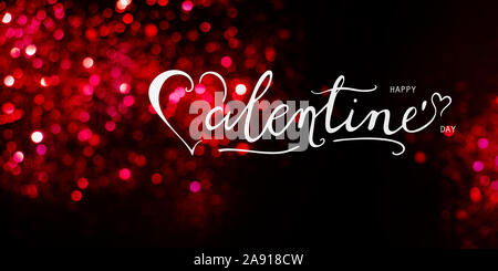 Hand written Happy Valentines day text on a red and black background with sparkling lights bokeh. Stock Photo