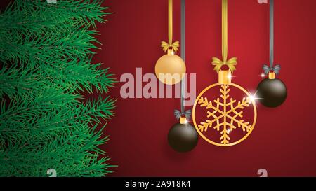 Christmas celebration background with pine leaves and hanging decoration on red background. Stock Vector
