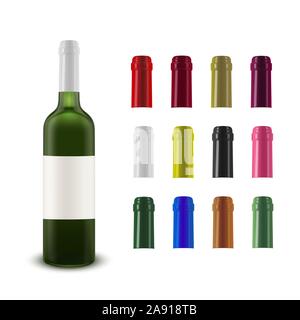 Realistic vector layout of a wine bottle and a wine collection of plastic bottle caps of different colors. Stock Vector