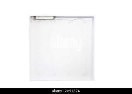 Power saving electrical efficiency concept. White led lights panel isolated on white. white square light panel. Stock Photo