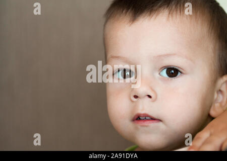 Portrait of cute toddler boy looking at camera with copy space for text. Dark haired brunet baby with brown eyes. Two years old lovely attractive chil Stock Photo