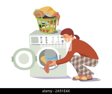 The girl loads the dirty laundry into the washing machine. Woman washes. Hand-drawn vector flat cartoon illustration. Stock Vector