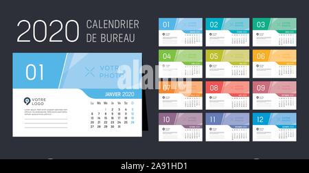 Year 2020 monthly desk calendar, in French language. Vector template. Stock Vector