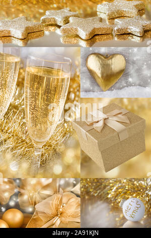 Golden Christmas decoration and champagne Stock Photo