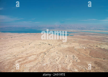 View of the Negev Desert with the Dead Sea in the background as seen from Masada, Israel. Stock Photo