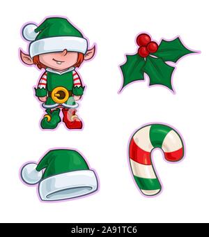 Vector Cartoon Icon set of a Santa Elf Helper, a Holly Mistletoe, a Red Santa Hat and a red green Candy Cane. Illustrations Lines, Color, Shadows and Stock Vector