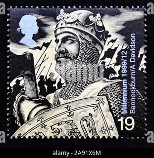 Postage stamp. Great Britain. Queen Elizabeth II. Millennium Series. The Soldier's Tale. Robert the Bruce (Battle of Bannockburn, 1314). 19p. Stock Photo