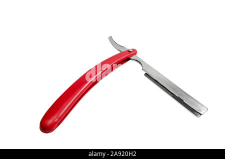 Shaving razor red color for barber classic stainless steel style isolated on white background.Straight razor with red color handle Stock Photo