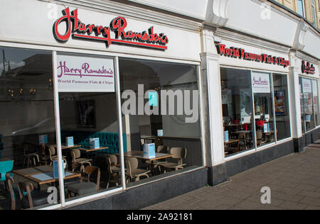 Worthing, West Sussex, UK, November 12, 2019, Harry Ramsden's Fish & Chip shop on the seafront in Worthing. Stock Photo