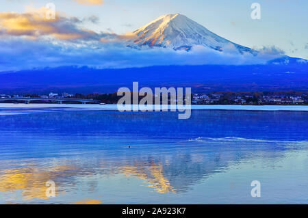 View of the Mount Fuji from Lake Kawaguchi at sunrise in Japan. Stock Photo