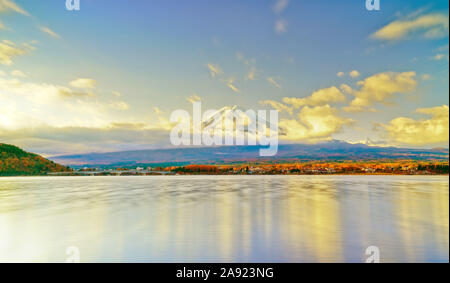 View of the Mount Fuji from Lake Kawaguchi at sunrise in Japan. Stock Photo