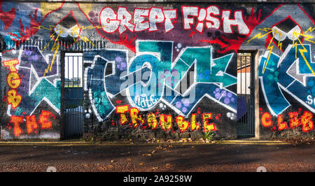 Cork City, Cork, Ireland. 12th November, 2019. Graffiti painted on the wall of the Mardyke sports ground next to Fitzgerald's Park which is the larges Stock Photo