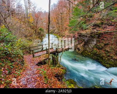 Famous landmark wooden bridge footbridge Kamacnik canyon near Vrbovsko in Croatia Europe Stock Photo