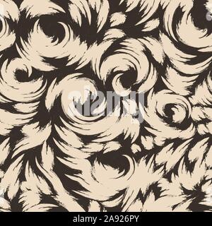 Vector pattern in beige color.Brown seamless motif made of splashes and waves. Texture of spirals of curls and swirl. Stock Vector