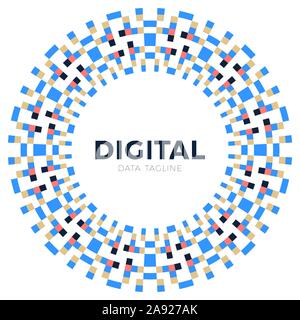 Digital pixels in circle form. tiny squares in round logo. vector digital frame design element. Stock Vector