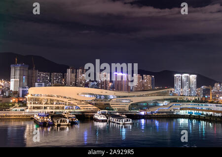 Night view of the port and the international passenger terminal of Busan, South Korea Stock Photo