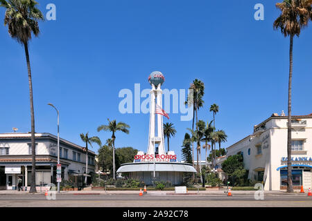 Iconic building, Crossroads of the World, outdoor shopping center, on Sunset Boulevard, Hollywood, Los Angeles, California, USA Stock Photo