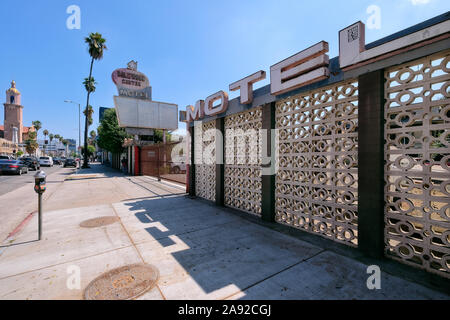 Entrance and illuminated advertising of the Hollywood Center Motel on Sunset Boulevard in Hollywood, Los Angeles, California, USA Stock Photo