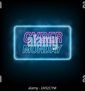 Cyber Monday banner in luminous neon style. luminous signboard on dark blue background. Vector illustration Stock Vector