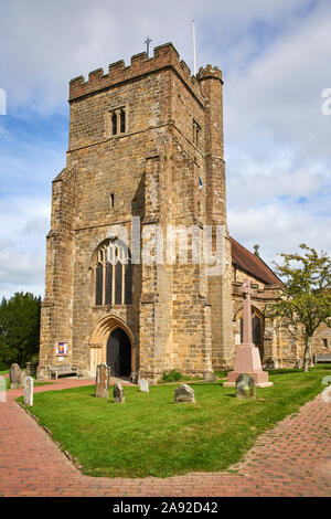 The sandstone tower of the church of St Mary the Virgin in the town of Battle, East Sussex, UK Stock Photo
