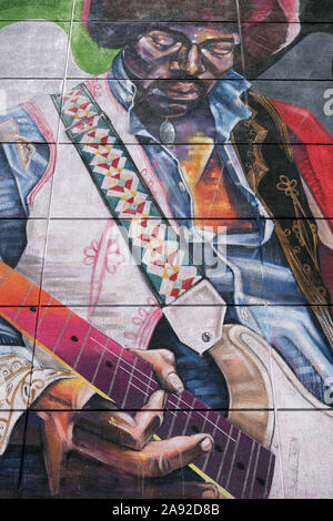 Wall painting by Jimi Hendrix at the Guitar Center Music Store on Sunset Boulevard, Hollywood, Los Angeles, California, USA Stock Photo