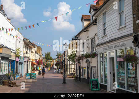 Essex, UK - August 27th 2019: A view of Sun Street - the pedestrianised main shopping street in the historic town of Waltham Abbey, Essex, UK. Stock Photo