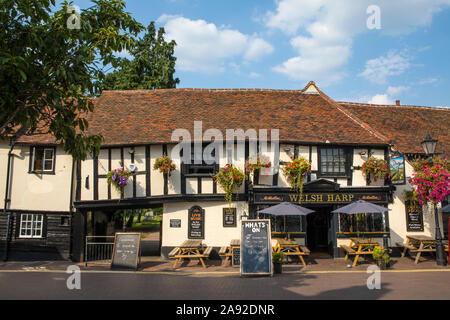 Essex, UK - August 27th 2019: The exterior of historic timber-framed building of the Welsh Harp public house in the town of Waltham Abbey in Essex, UK Stock Photo