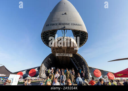 OSTRAVA, CZECH REPUBLIC - SEPTEMBER 22, 2019: NATO Days. C-5M Super Galaxy transport aircraft on display for the first time. Front ramp open. Crowd po Stock Photo