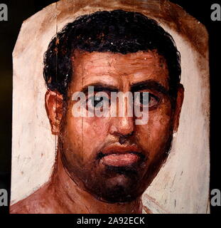 Fayum Portraits. Ancient Greek funeral paintings from 3rd century BC to 3rd century A.D. Egypt. Naturalistic mummy paintings. Stock Photo