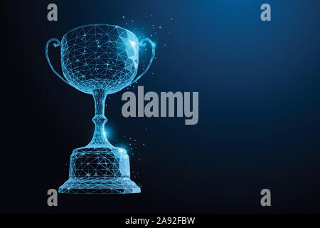 Abstract Trophy cup form lines, Low Poly, point connecting network on blue background. Stock Vector