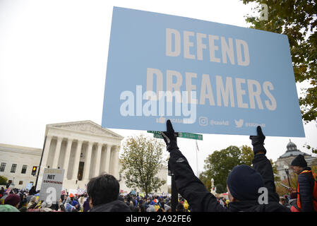Washington, United States. 12th Nov, 2019. Pro-immigration demonstrators gather in front of the Supreme Court, on Capitol Hill, Tuesday, October 12, 2019 in Washington, DC. The court is hearing arguments on the Trump Administration's policy on the Deferred Action for Childhood Arrivals (DACA), for the so-called immigrant 'dreamers'. Photo by Mike Theiler/UPI Credit: UPI/Alamy Live News Stock Photo