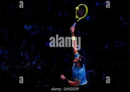 London, UK. 12th Nov, 2019. 12th November 2019; O2 Arena, London, England; Nitto ATP Tennis Finals; Matteo Berrettini (ITA) serves to Roger Federer (SUI) - Editorial Use Credit: Action Plus Sports Images/Alamy Live News Stock Photo