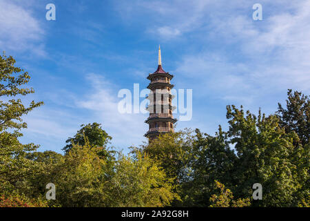 A view of the famous Great Pagoda at Kew Royal Botanical Gardens in Surrey, UK. The Pagoda was completed in 1762 as a gift for Princess Augusta - the Stock Photo