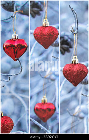 Collage with Christmas red glass decorative heart on branches of tree. Vertical greeting card for the New year and Christmas concept Stock Photo