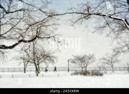 Snowfall by the Jacqueline Kennedy Onassis Reservoir, Central Park; Manhattan, New York, United States of America Stock Photo