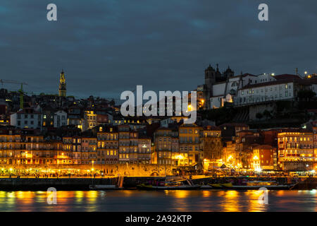 Night lights at ribeira district near Douro River, Porto Portugal Stock Photo