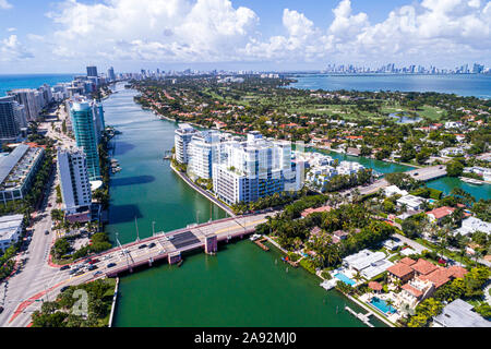 Miami Beach Florida,La Gorce Island,Allison Island,Biscayne Bay,water,waterfront homes residences,high rise condominium buildings,Indian Creek Drive,6 Stock Photo