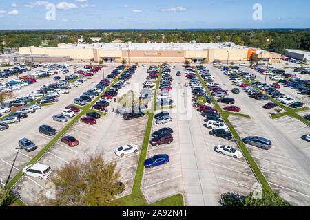 St Saint Cloud Florida,Walmart Big-Box Supercenter discount department store,outside exterior,exterior front entrance parking lot,aerial overhead bird Stock Photo