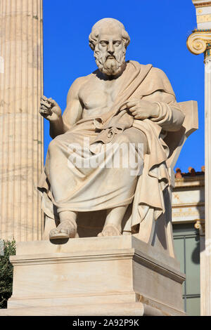 Statue of the classical Greek philosopher Plato (by Leonidas Drosis) at the entrance of the Academy in Athens, Greece Stock Photo
