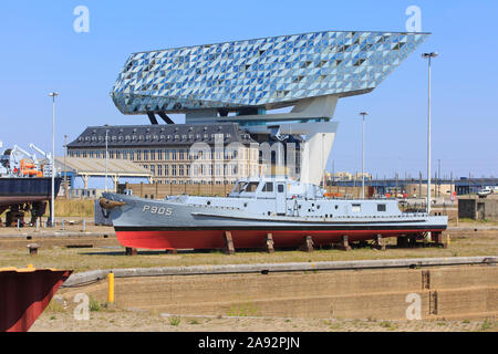 The Port Authority Building (Havenhuis) by Zaha Hadid as seen from the dry dock in Antwerp, Belgium Stock Photo