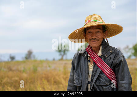 A farmer standing in a field wearing a straw hat; Taungyii, Shan State, Myanmar Stock Photo