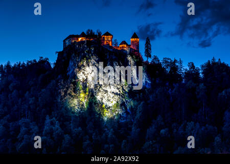 Bled Castle reflected in Lake Bled, Slovenia, Europe. Stock Photo