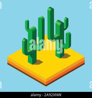 Cactus set in desert as isometric icons with flat colors Stock Vector