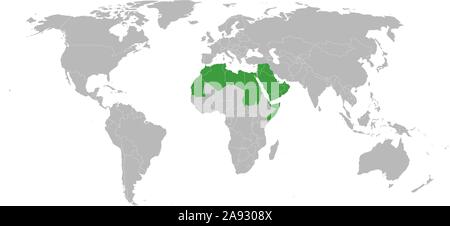 Arab world political map highlighted in green color vector illustration. Gray background. Stock Vector
