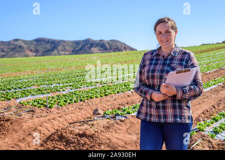 Young technical woman working in a lettuce field with a folder looking at camera. agriculture concept. Stock Photo