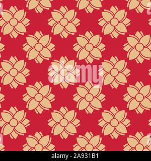 Modern abstract japanese floral seamless pattern vector graphics art. Red, gold color. Stock Vector