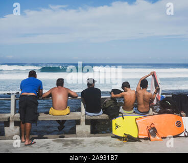 Surfers and bodyboarders wave watching. Surfer looking out to sea. Stock Photo