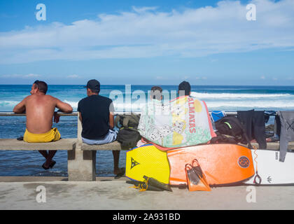 Surfers and bodyboarders wave watching. Surfer looking out to sea. Stock Photo